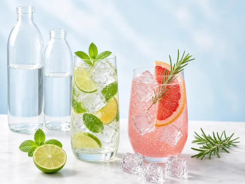 Mint lime hydrate, pink soda and bottled water