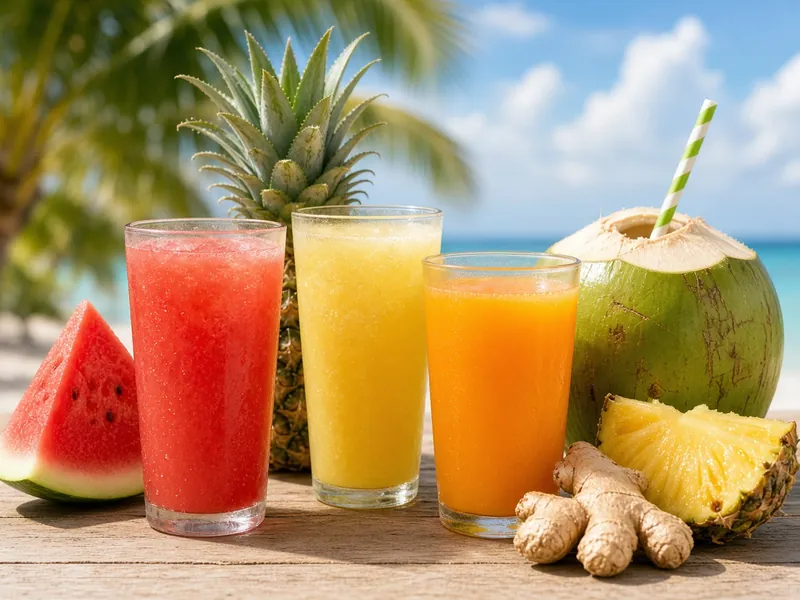Watermelon, pineapple and orange juice with a fresh coconut