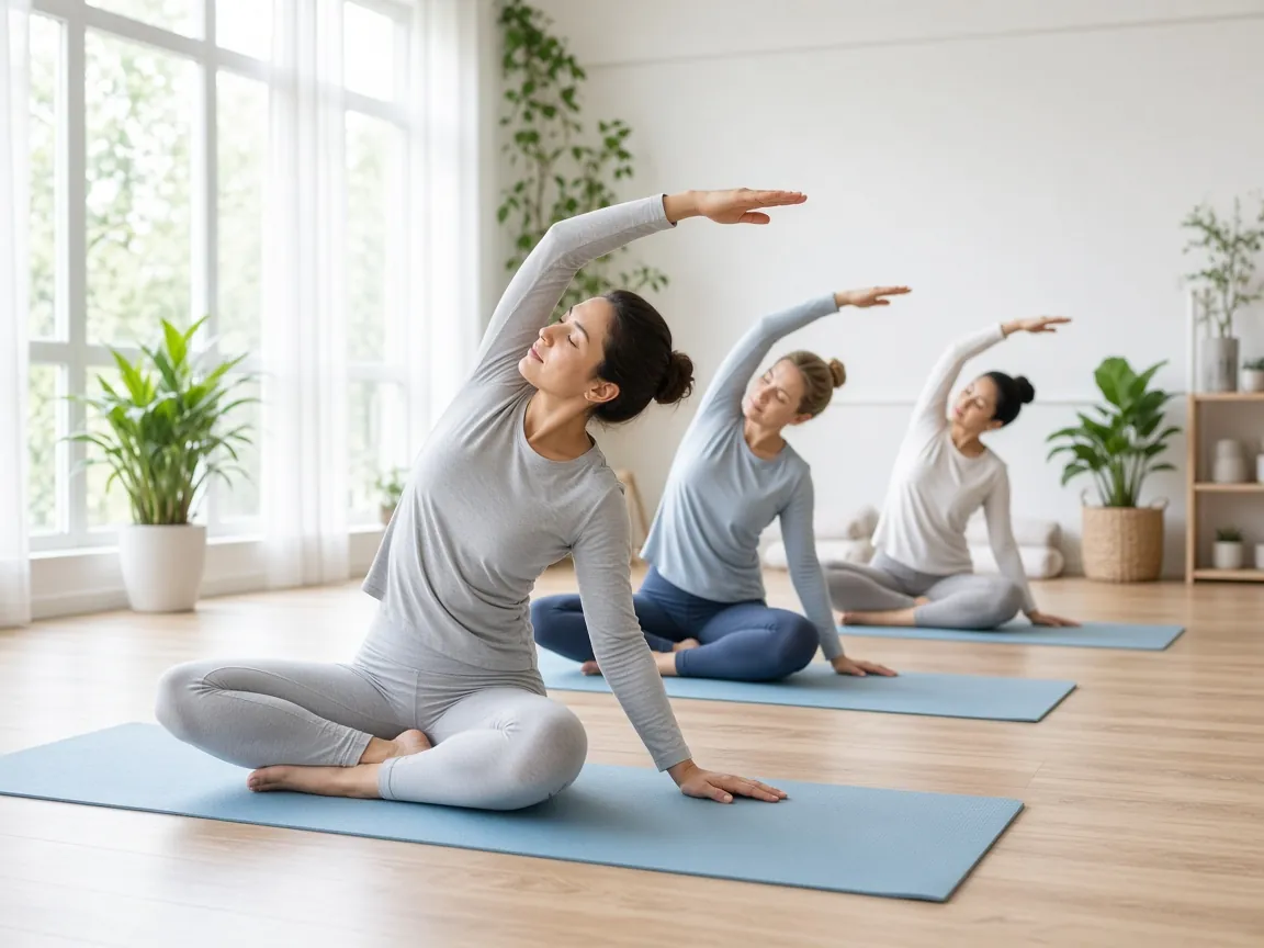 Pilates mat class stretching in a bright studio